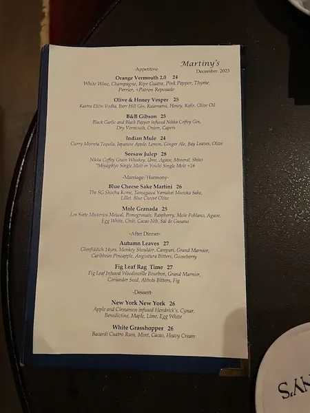 menu of Martiny’s