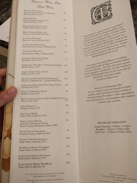 menu of The Champagne Bar