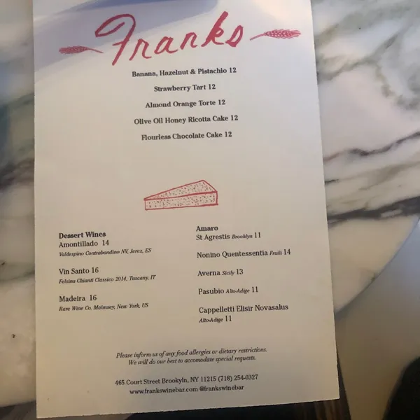 menu of Franks Wine Bar