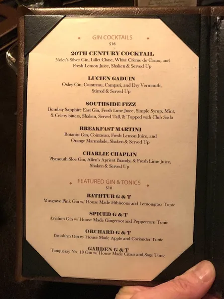 menu of Bathtub Gin