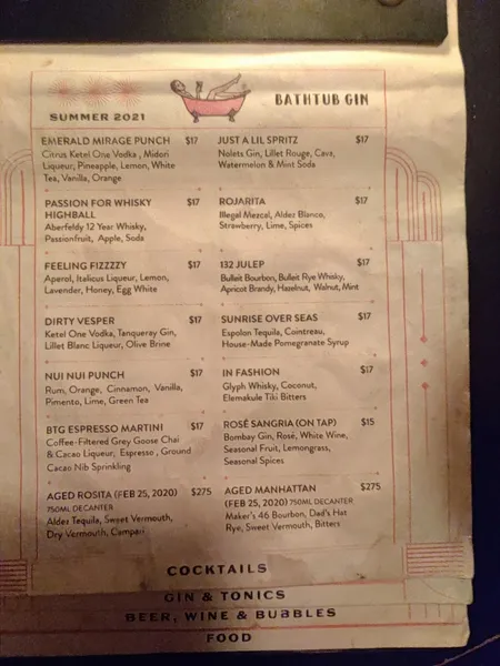 menu of Bathtub Gin