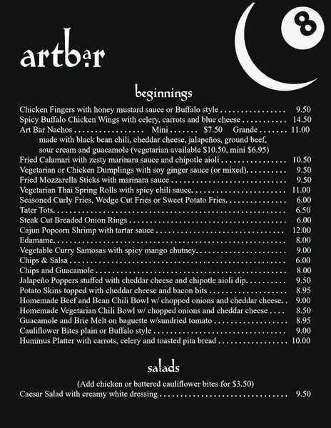 menu of Art Bar