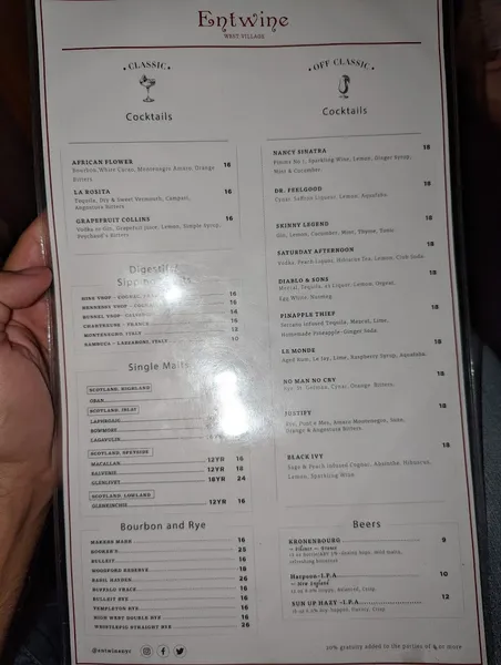 menu of Entwine Cocktail Bar