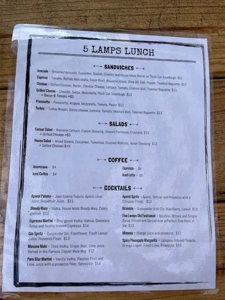 menu of The Five Lamps