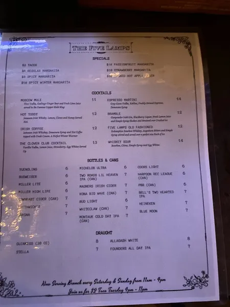 menu of The Five Lamps