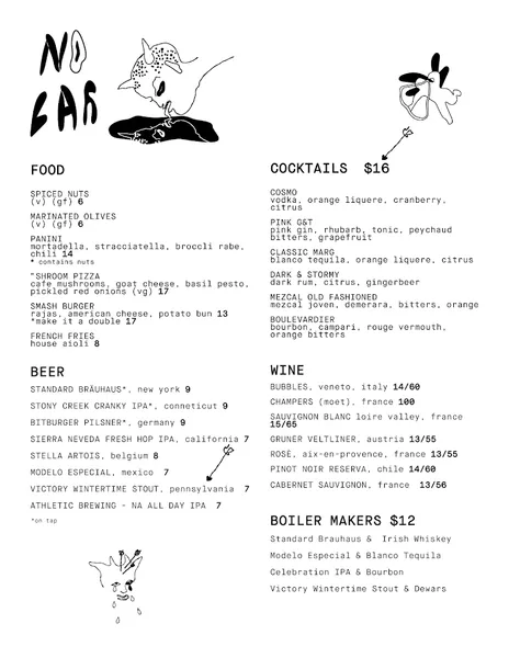 menu of NO BAR