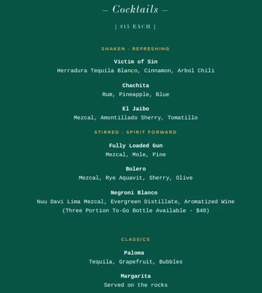 menu of The Cabinet Mezcal Bar