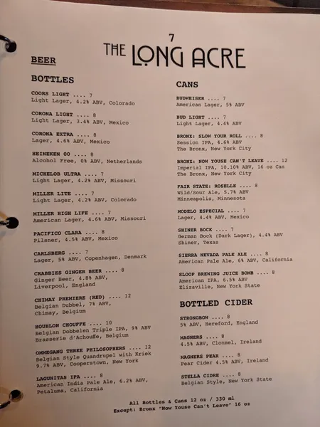 menu of The Long Acre Tavern