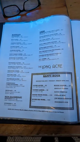 menu of The Long Acre Tavern