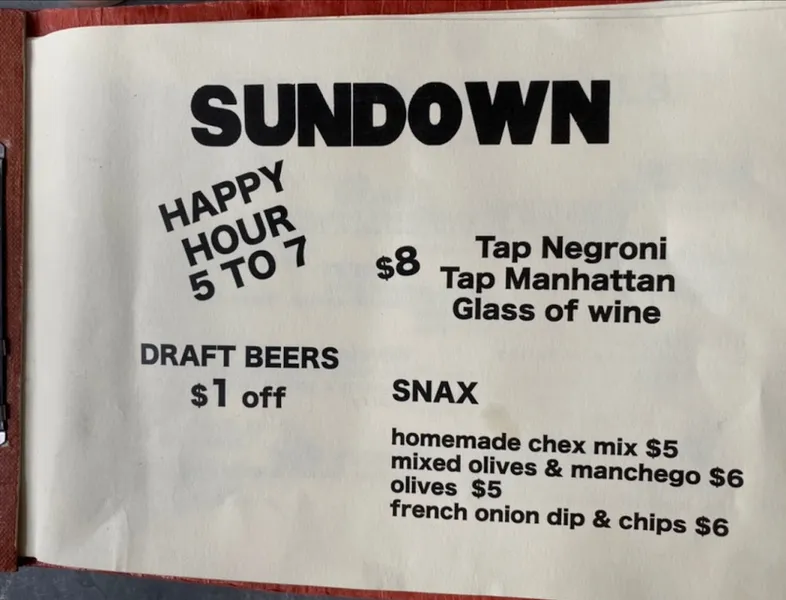 menu of Sundown Bar