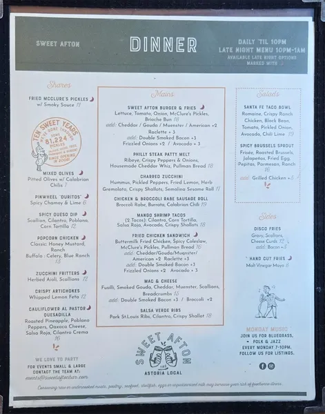 menu of Sweet Afton