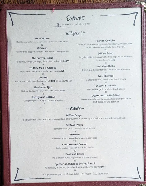 menu of DiWine Natural Wine Bar & Restaurant