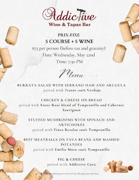 menu of Addictive Wine and Tapas