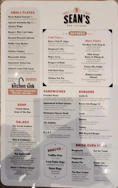 menu of Sean's Bar & Kitchen