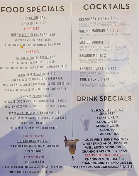 menu of Sean's Bar & Kitchen