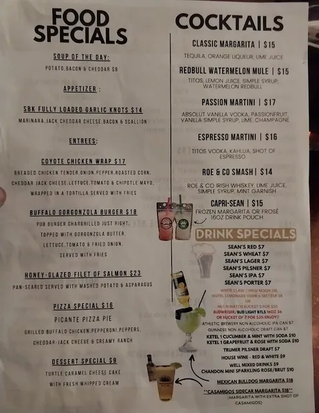 menu of Sean's Bar & Kitchen