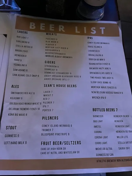 menu of Sean's Bar & Kitchen