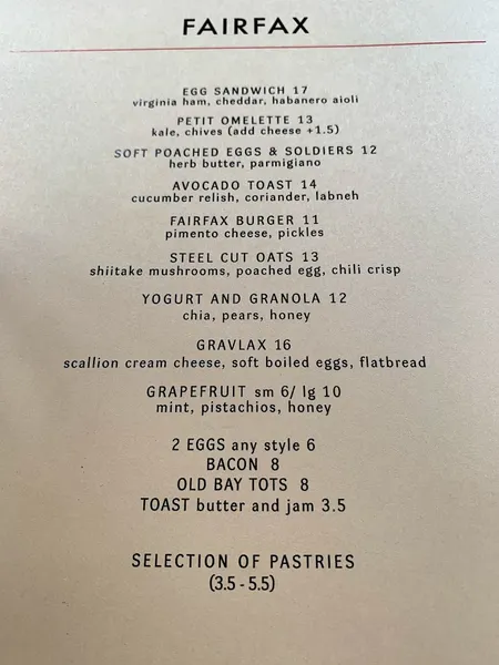 menu of Fairfax