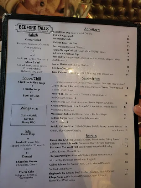 menu of Bedford Falls