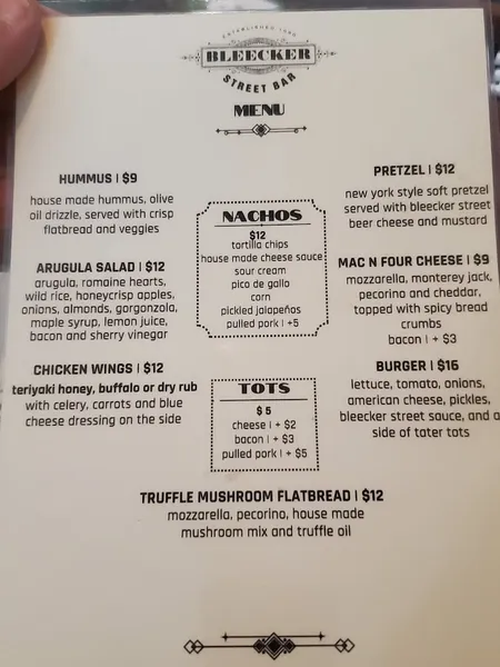 menu of Bleecker Street Bar