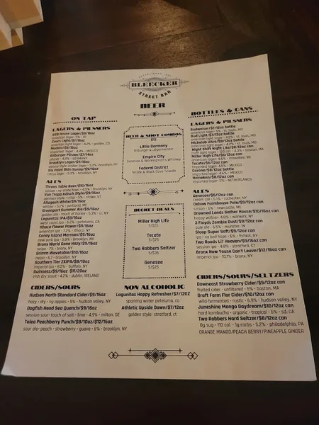 menu of Bleecker Street Bar