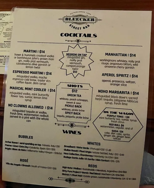 menu of Bleecker Street Bar