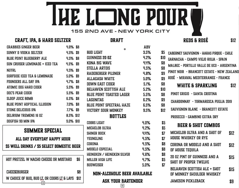 menu of The Long Pour