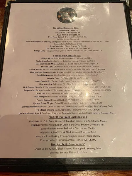 menu of Stickett Inn