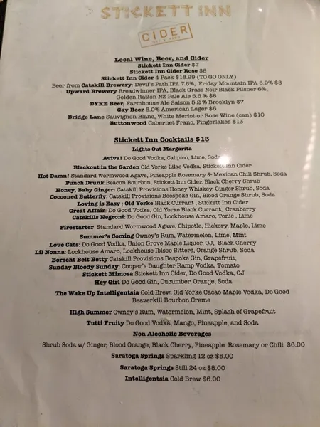 menu of Stickett Inn