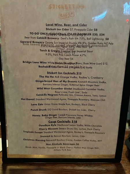 menu of Stickett Inn