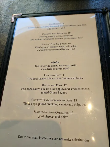 menu of The Sparrow Tavern