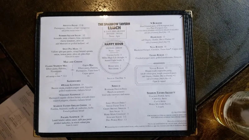 menu of The Sparrow Tavern