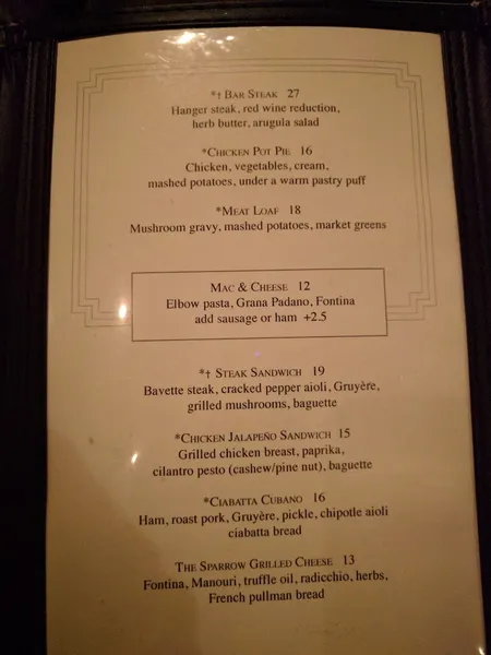 menu of The Sparrow Tavern