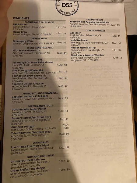 menu of Draught 55