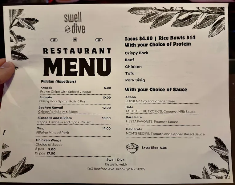 menu of Swell Dive