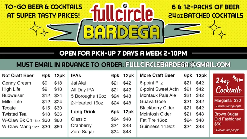 menu of Full Circle Bar