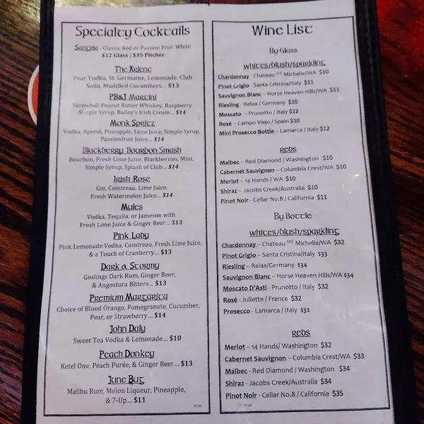 menu of The Wicked Monk