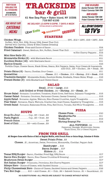 menu of Trackside Bar & Grill