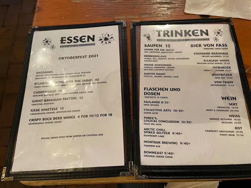 menu of The Standard Biergarten