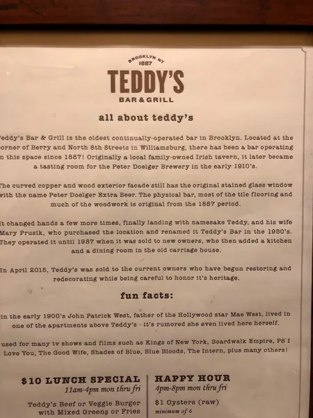 menu of Teddy's Bar & Grill