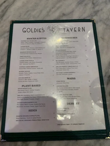 menu of Goldie’s Tavern