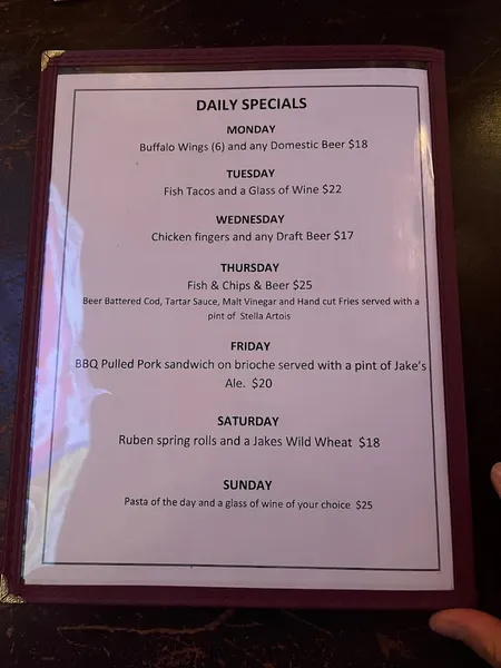 menu of Jake's Saloon