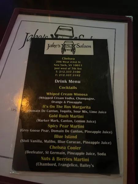 menu of Jake's Saloon