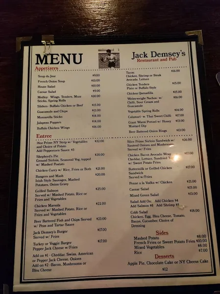 menu of Jack Demsey's