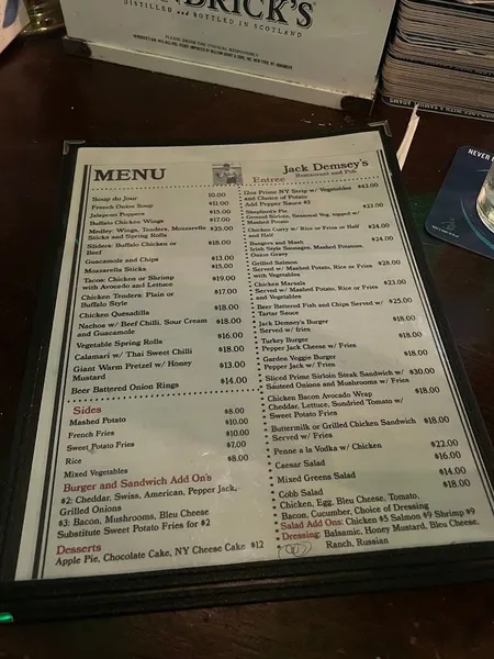 menu of Jack Demsey's