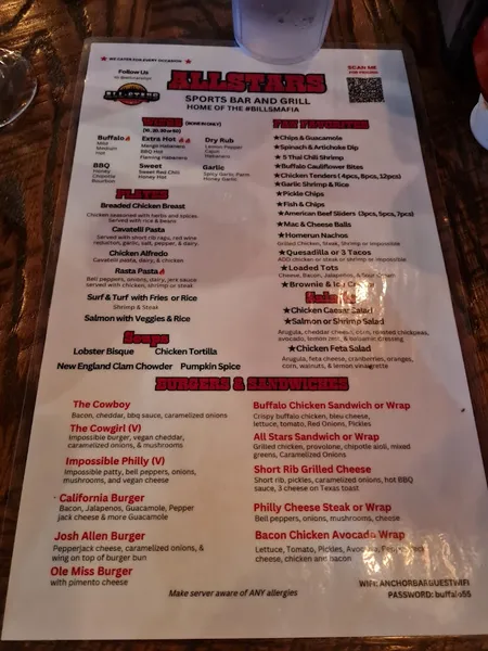 menu of All Stars Sports Bar & Grill