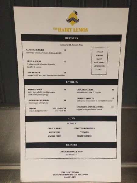 menu of The Hairy Lemon