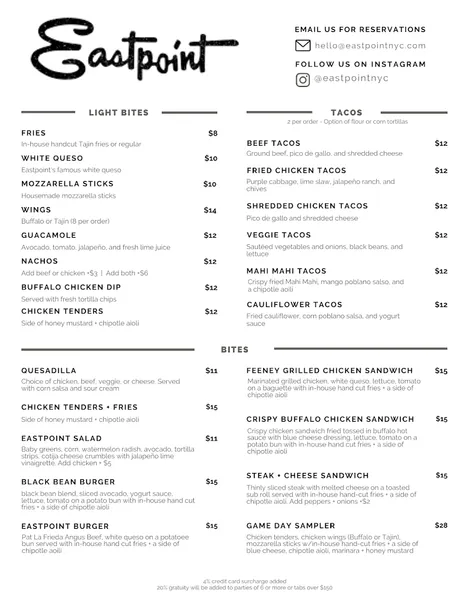 menu of Eastpoint Bar