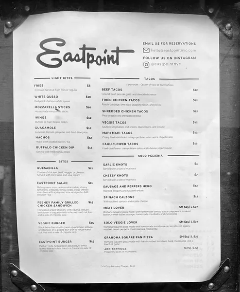 menu of Eastpoint Bar