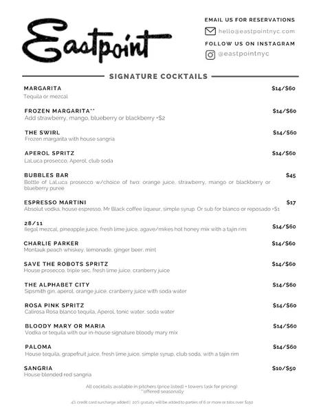 menu of Eastpoint Bar